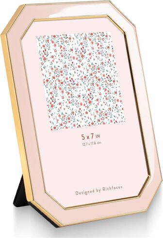 5x7 Enamel Picture Frame with HD-Tempered Glass, Octagon Photo Frame with Gold Metal Edge and Velvet Back for Tabletop and Wall Mount Display, Pink in Saudi Arabia