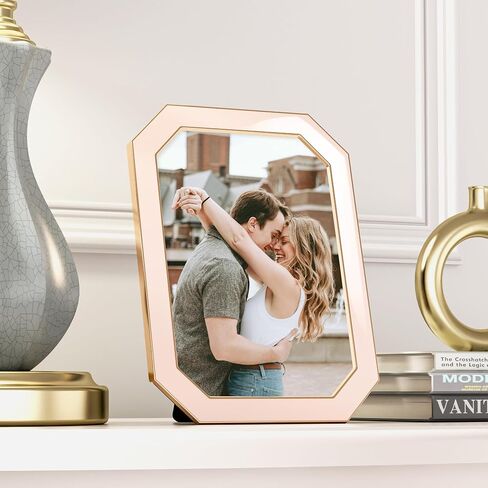 5x7 Enamel Picture Frame with HD-Tempered Glass, Octagon Photo Frame with Gold Metal Edge and Velvet Back for Tabletop and Wall Mount Display, Pink in Saudi Arabia