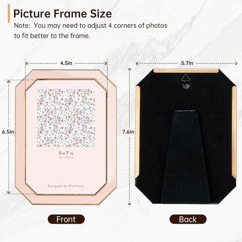 5x7 Enamel Picture Frame with HD-Tempered Glass, Octagon Photo Frame with Gold Metal Edge and Velvet Back for Tabletop and Wall Mount Display, Pink in Saudi Arabia
