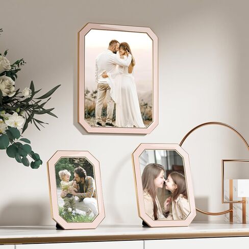 5x7 Enamel Picture Frame with HD-Tempered Glass, Octagon Photo Frame with Gold Metal Edge and Velvet Back for Tabletop and Wall Mount Display, Pink in Saudi Arabia