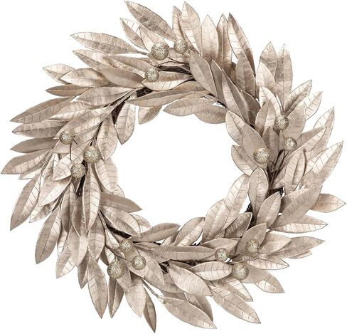 Christmas Wreath 16 Inch Aritificial Champagne Gold Bay Leaf Wreath with Glittered Berries Laurel Leaf Wreath Xmas Wreath for Front Door Holiday Christmas Party Decorations in Saudi Arabia