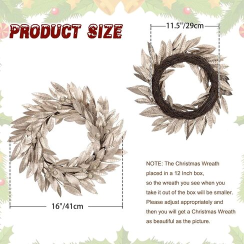 Christmas Wreath 16 Inch Aritificial Champagne Gold Bay Leaf Wreath with Glittered Berries Laurel Leaf Wreath Xmas Wreath for Front Door Holiday Christmas Party Decorations in Saudi Arabia