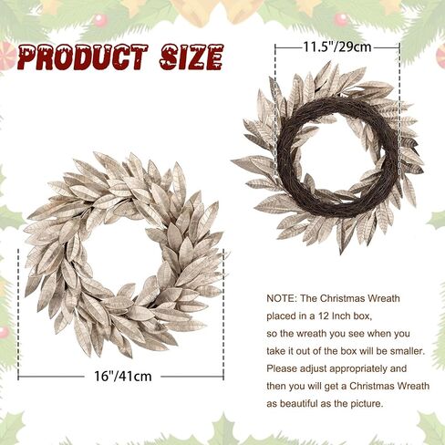Christmas Wreath 16 Inch Aritificial Champagne Gold Bay Leaf Wreath with Glittered Berries Laurel Leaf Wreath Xmas Wreath for Front Door Holiday Christmas Party Decorations in Saudi Arabia