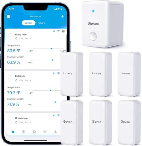 Govee WiFi مقياس حرارة الرطوبة 6 حزمة H5100، جهاز استشعار درجة الحرارة اللاسلكي الداخلي للرطوبة مع تنبيه إخطار التطبيق عن بعد، تصدير تخزين البيانات لمدة عامين، للمنزل، الدفيئة in Kuwait