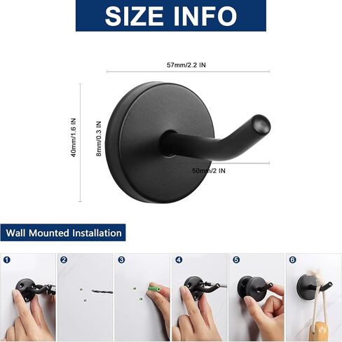 NearMoon Coat Hooks-Bath Towel Hangers, Wall Hooks for Hanging Hat Hurse Robe, 304 Stainless Steel Heavy Duty Garage Hooks for Bathroom Livingroom Hotel Kitchen Garage, 6 Pack (2 Inch, Matte Black) in Kuwait