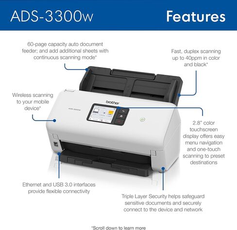 ماسح ضوئي مكتبي لاسلكي عالي السرعة من Brother ADS-3300W | شاشة لمس 2.8 بوصة | مسح ما يصل إلى 40 صفحة في الدقيقة1 in Kuwait