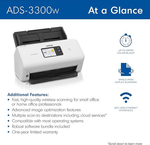ماسح ضوئي مكتبي لاسلكي عالي السرعة من Brother ADS-3300W | شاشة لمس 2.8 بوصة | مسح ما يصل إلى 40 صفحة في الدقيقة1 in Kuwait