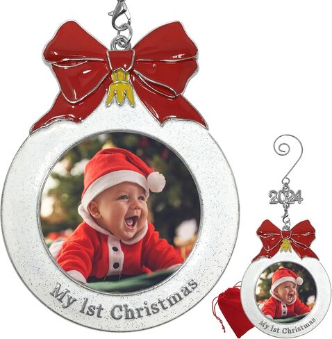 Baby's 1st Christmas Dated Photo Ornament with a 2024 Charm - Shaped Like a Bulb with White Glitter and A Red Bow Design - Gift/Storage Bag Included in Saudi Arabia
