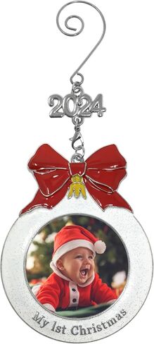 Baby's 1st Christmas Dated Photo Ornament with a 2024 Charm - Shaped Like a Bulb with White Glitter and A Red Bow Design - Gift/Storage Bag Included in Saudi Arabia