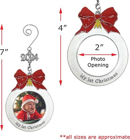 Baby's 1st Christmas Dated Photo Ornament with a 2024 Charm - Shaped Like a Bulb with White Glitter and A Red Bow Design - Gift/Storage Bag Included in Saudi Arabia