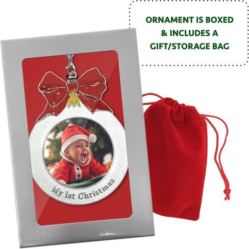 Baby's 1st Christmas Dated Photo Ornament with a 2024 Charm - Shaped Like a Bulb with White Glitter and A Red Bow Design - Gift/Storage Bag Included in Saudi Arabia