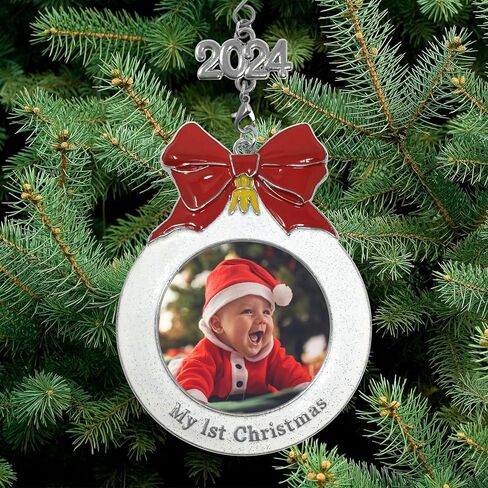 Baby's 1st Christmas Dated Photo Ornament with a 2024 Charm - Shaped Like a Bulb with White Glitter and A Red Bow Design - Gift/Storage Bag Included in Saudi Arabia