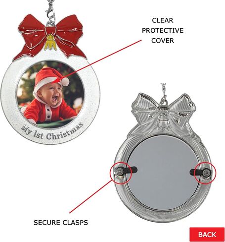 Baby's 1st Christmas Dated Photo Ornament with a 2024 Charm - Shaped Like a Bulb with White Glitter and A Red Bow Design - Gift/Storage Bag Included in Saudi Arabia