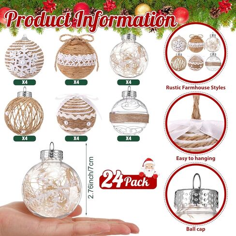Syhood 24 Pcs Burlap Christmas Ball Ornaments 2.76 Inch Rustic Farmhouse Christmas Tree Ornaments Decoration Natural Jute Rope Hanging Balls Boho Christmas Ornaments for Xmas Tree Party Holiday Decor in Saudi Arabia