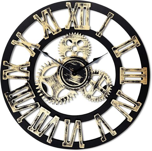 Antique Vintage 16" Round Wall Clock, Wooden Handmade 3D Gear Design (Gold with Roman Numerals) in Saudi Arabia
