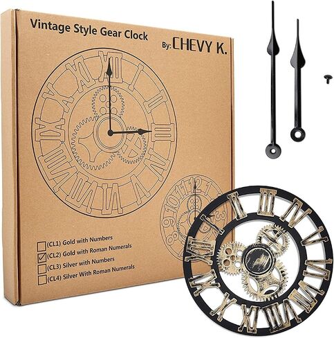 Antique Vintage 16" Round Wall Clock, Wooden Handmade 3D Gear Design (Gold with Roman Numerals) in Saudi Arabia