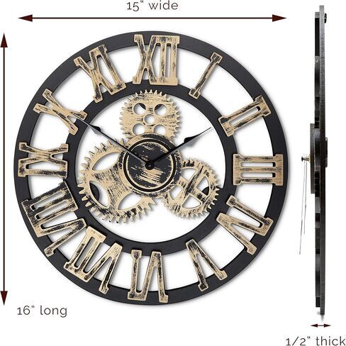 Antique Vintage 16" Round Wall Clock, Wooden Handmade 3D Gear Design (Gold with Roman Numerals) in Saudi Arabia