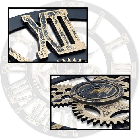 Antique Vintage 16" Round Wall Clock, Wooden Handmade 3D Gear Design (Gold with Roman Numerals) in Saudi Arabia