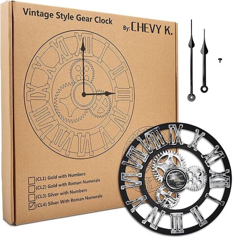 Antique Vintage 16" Round Wall Clock, Wooden Handmade 3D Gear Design (Gold with Roman Numerals) in Saudi Arabia