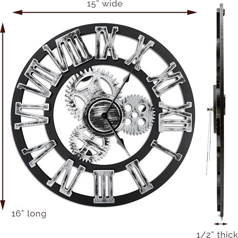 Antique Vintage 16" Round Wall Clock, Wooden Handmade 3D Gear Design (Gold with Roman Numerals) in Saudi Arabia