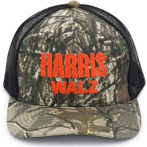 Harris Walz Value Trucker Hat, Embroidered Logo, Camo Pattern, Snap Back