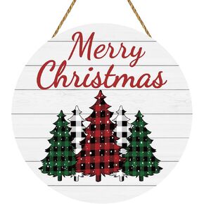 Merry Christmas Sign Christmas Door Decor Buffalo Plaid Christmas Tree Decorations Christmas Door Sign Wooden Christmas Door Hanger for Front Door Porch Wall Indoor Home Decor