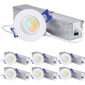 TORCHSTAR 2 Inch Gimbal LED Recessed Light with Junction Box, 5CCT, CRI90+ Dimmable 6W Swivel Adjustable Eyeball Downlight, 2700K/3000K/3500K/4000K/5000K Selectable, ETL & Energy Star, Pack of 6