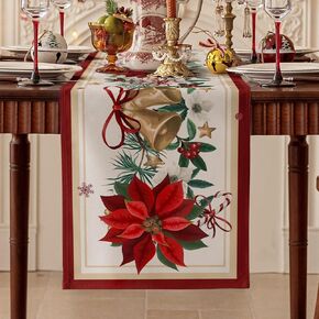 Softalker Christmas Table Runner with Vintage Red Flower Gold Bell, Premium Polyester Fabric Xmas Table Decoration for Winter Holiday/Parties/Dining Indoor and Outdoor Use(13x72 Inch)