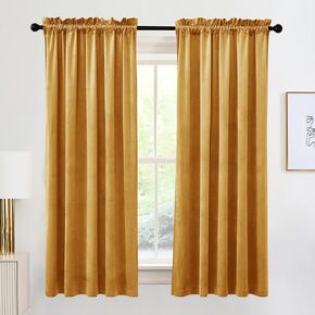 RYB HOME Velvet Curtains 63 inches Long, Rod Pocket Soft Fabric Curtains & Drapes for Bedroom Cafe, Marigold, W 42 x L 63, 2 Panels Set