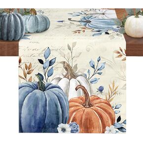 Thanksgiving Fall Table Runner-Cotton Linen- 90 Inch Holiday Dresser Scarves, Blue Orange Grey Pumpkin Maple Leaf Rustic Tablerunner for Kitchen Coffee/Dining Bedroom Living Room Dinner Scarf Décor