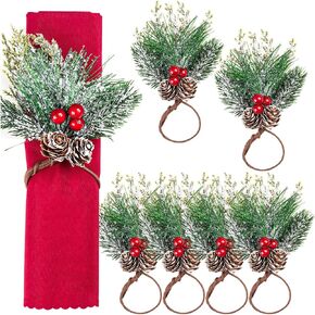 6Pcs Christmas Napkin Rings, Snowy Pine Napkin Holder Rings with Pinecones Branche Red Berry Decor, Christmas Berry Napkin Rings for Christmas Dinning Table Decor, Holiday Party Home Decoration