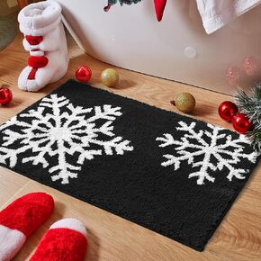 Luxury Black White Snowflake Winter Christmas Bathroom Mat, 17"x25" Extra Soft and Absorbent Microfiber Bath Rug, Non-Slip TPR Back, Plush Shaggy Bath Carpet for Floor