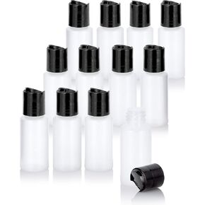 JUVITUS 1 oz / 30 ml Clear Natural Plastic HDPE Refillable Cylinder Squeeze Bottle with Black Disc Cap (12 Pack)