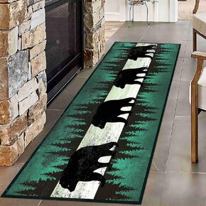 Rustic Lodge Runner Rug,2x7ft,Western Country Bear Elk Deer Wildlife Log Design,Forest Landscape Hunting Theme Rug,with Non Slip Backing Washable Rugs, Non Slip Pet Friendly Rug for Hallway