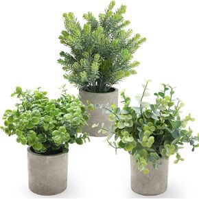 Set of 3 Mini Potted Fake Plants Decor for Home Office, Artificial Plants Plastic Eucalyptus Indoor,Small Plant Pots Decor for Bathroom Shelf Kitchen,Faux Greenery Arrangement for Rustic Table