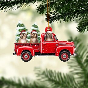 Talataca Lhasa Apso in Red Santa Gift Bag Gifts 2D Flat Car Rear View Mirror Accessories Christmas Tree Ornament Decoration Hanging Charm Interior Rearview Pendant Decor Gift