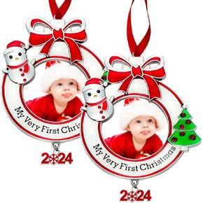 Yookeer Baby's First Christmas Photo Ornament 2024 My Very First Christmas Photo Frame Xmas Baby's 1st Keepsake Picture for Newborn Baby Christmas Tree Decor(1 Piece,Round)