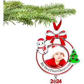 Yookeer Baby's First Christmas Photo Ornament 2024 My Very First Christmas Photo Frame Xmas Baby's 1st Keepsake Picture for Newborn Baby Christmas Tree Decor(1 Piece,Round)