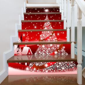 3D Christmas Tree Stair Stickers Decals-6Pcs/Set Christmas Tree Stair Risers Stickers Decals Removable Staircase Decals Vinyl Wall Stickers for Stair Steps Christmas Decoration