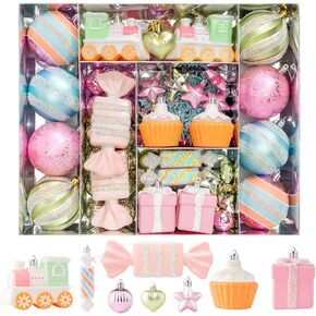 3.15" Pastel Christmas Ball Ornaments Set, 80 Pcs Macaron Pink Candy Land Xmas Tree Decorations with Cupcake Train Gift Box, Shatterproof Hand-Painted Ornament Bulk for Wreath Garland Home Decor