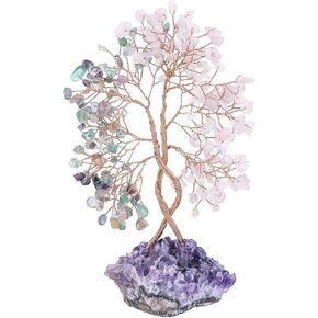 Healing Double Trunks Crystal Tree with Natural Amethyst Base, Feng Shui Money Bonsai with Positive Energy Wedding Home Decor for Wealth and Luck, Fluorite & Citrine