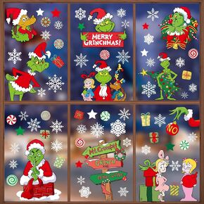 Christmas Window Clings, 9 Sheets Double-Sided Printed Christmas Elf Faces Window Stickers, Christmas Window Decals with Snowflake Decals for Christmas Decorations