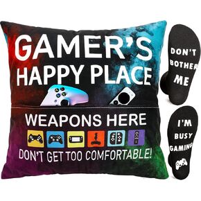 OCCdesign Gamer Gifts for Teenage Boys Men, Gaming Room Decoration, Gamer Pillow Cover and Game Socks Gifts Set, Christmas Stocking Stuffers for Teens Boys Girls Men Father Boyfriends 18" x 18"