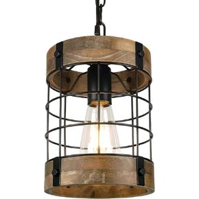 Farmhouse Rustic Chandelier Light Fixture, 4-Light Round Hanging Pendant Lighting for Dining Room Entryway Kitchen Island Foyer Breakfast Area, Black Wood and Black Metal Finish
