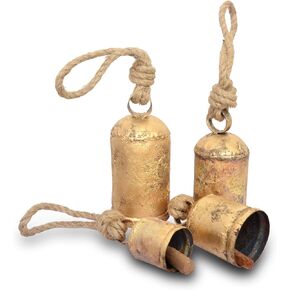 Set of 4 Vintage Metal Cow Bells – Rustic Brass Jingle Bells, Indian Tin Bells on Rope for Christmas Decor Hanging Lucky Harmony Bells Ideal for Holidays, Festive Decoration