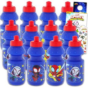 Spidey and Friends Reusable 11 Oz Water Bottles for Kids - Spidey and Friends Party Favor 12 Piece Bundle with 11 Oz Bottle with Pull Top Lid Plus More | Spidey and Amazing Friends Water Bottle