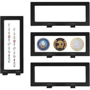 4 PCS 3D Floating Display Case, Seashell Holder Frame Coins Floating Display Stand Transparent Jewelry Storage Box Large Suspension Frame Box for Bill Stamps Necklace 9 x 3.5 x 0.8 Inch
