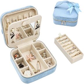 Jewelry Travel Case, Portable Jewelry Box With Mirror, Velvet Small Jewelry Travel Case for Women, Mini Jewelry Organizer for Necklace Ring Earrings (Misty Blue)