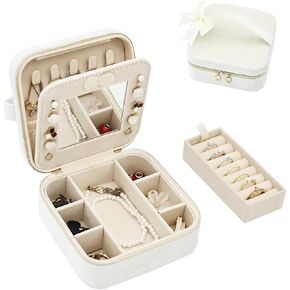 Jewelry Travel Case, Portable Jewelry Box With Mirror, Velvet Small Jewelry Travel Case for Women, Mini Jewelry Organizer for Necklace Ring Earrings (Misty Blue)