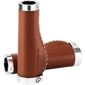 ROCKBROS Leather Bike Handlebar Grips Bike Grips Leather Grips Ergonomic Design, Aluminum Double Lock-on Biycle Handle Bar, for BMX, Mountain, MTB, Beach Cruiser, Scooter, Folding Bike